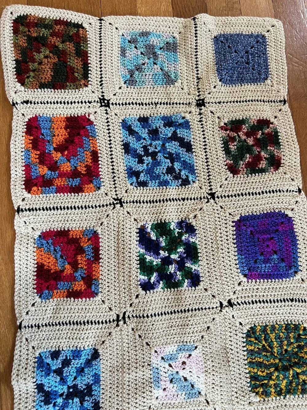 Handmade Crochet Granny Square Afghan Blanket Lap Throw Multicolor Beige Boho